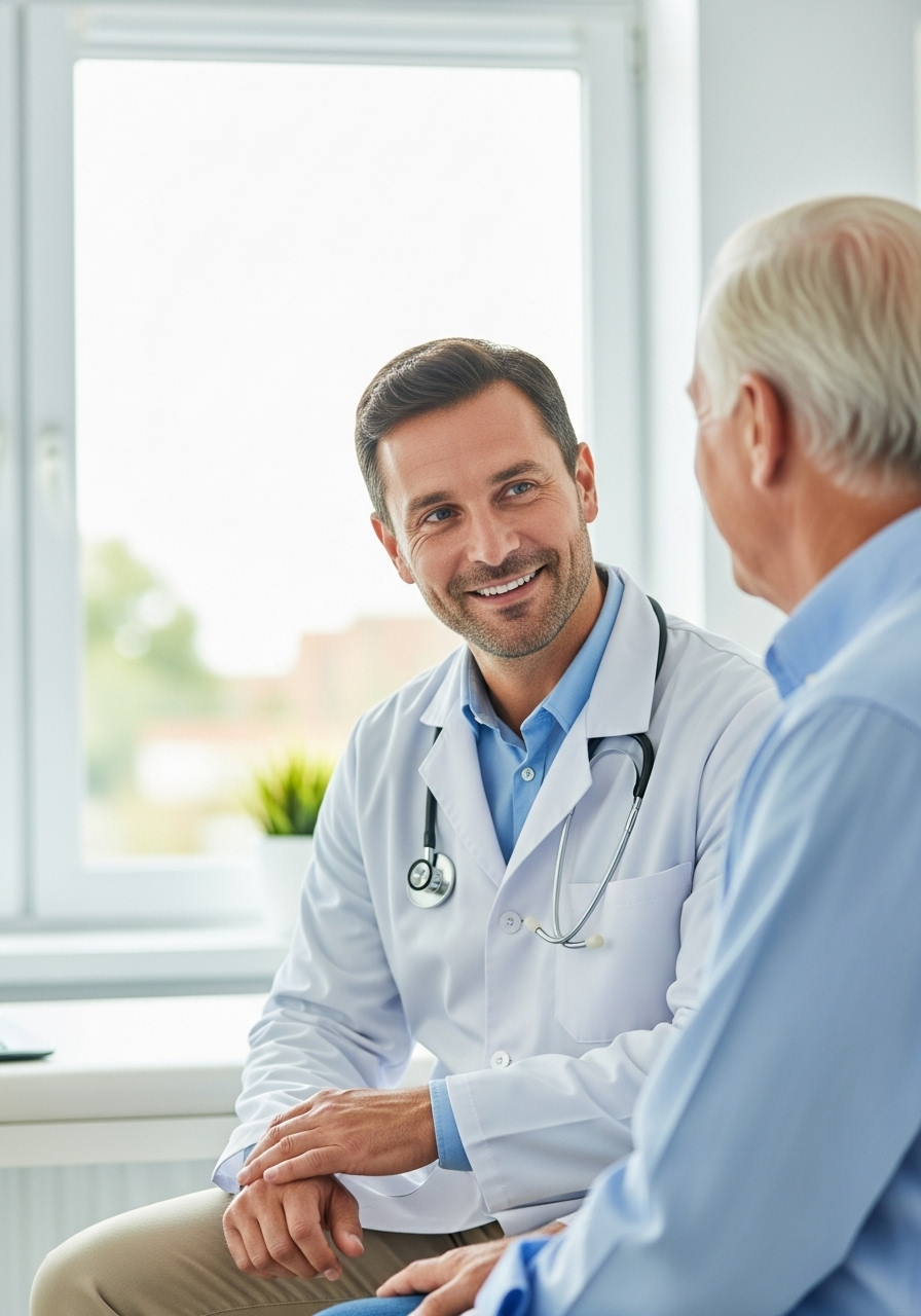 Happy senior patient talking with a doctor in a clinic.